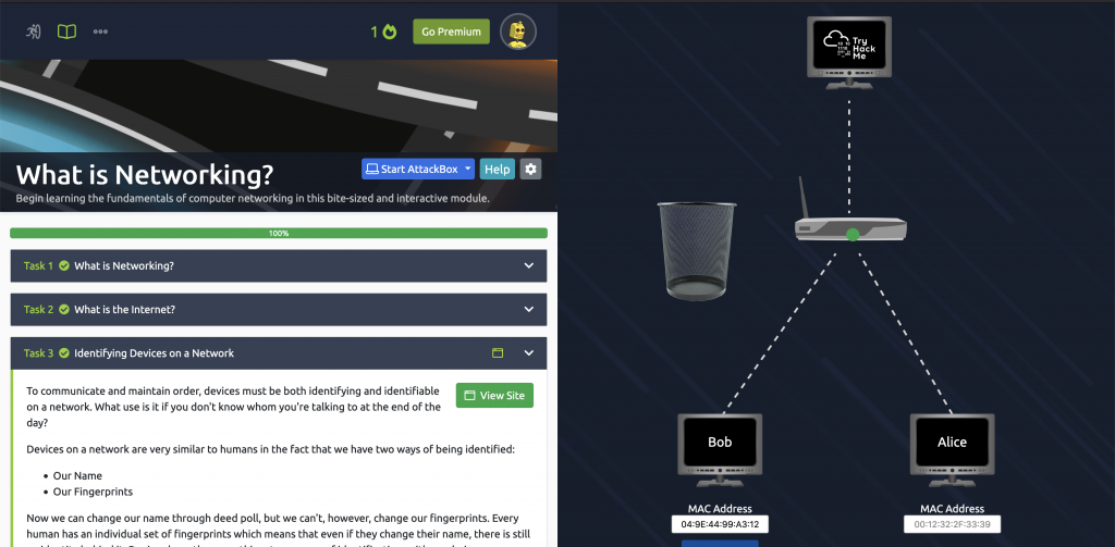 Screenshot of a room in the TryHackMe path with an explanation of MAC addresses on the left and a network diagram with editable text fields for two machines' MAC addresses on the right